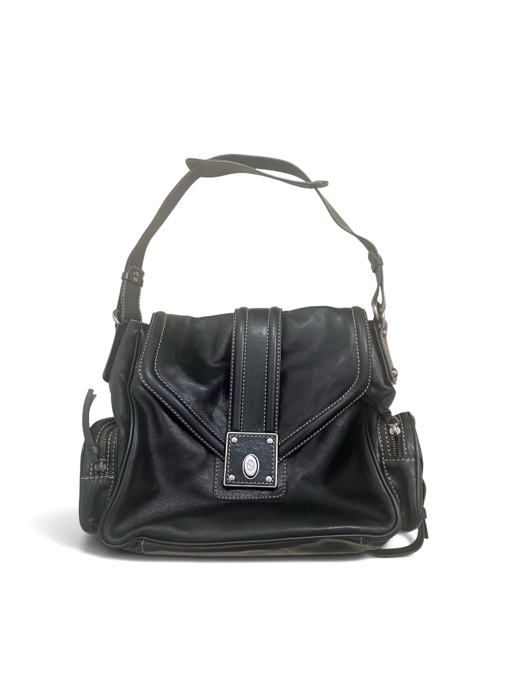 Francesco Biasia Italian Leather Flap Shoulder Bag Black Tan Silver NWOT Y2K